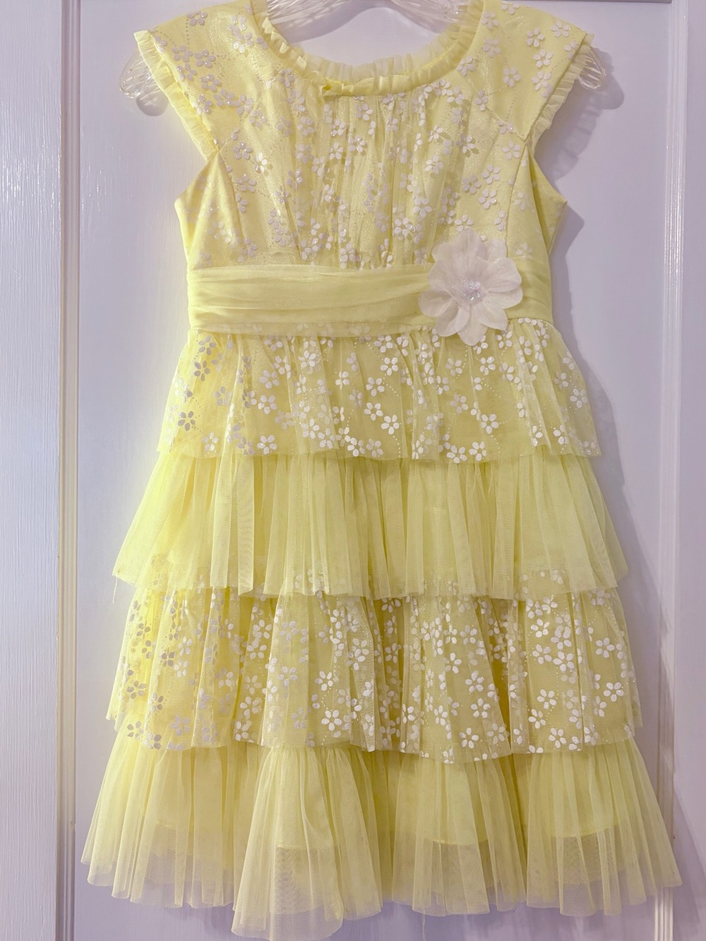 Jona Michelle Yellow Floral Tiered Tulle Dress with Flower Accent